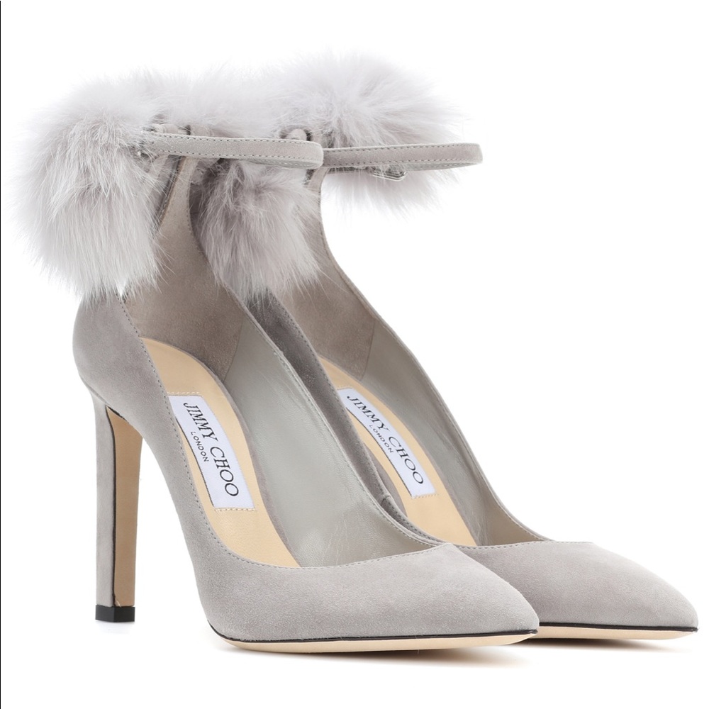 JIMMY CHOO Suede & Fur PomPom Pumps